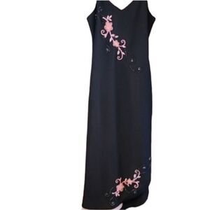 Clara black long dress with pink roses and diamond like appliques  large